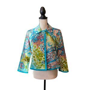 Harvé Benard Womens Jacket Cropped 8P Jacobean Leopard Lined Paisley Green Boho